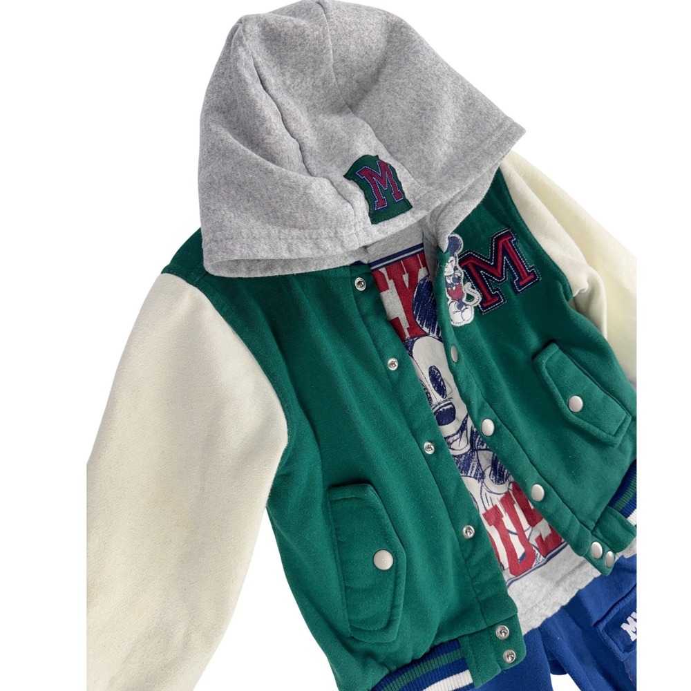 Disney Mickey Mouse 3pc Varsity Jacket T-Shirt Cargo Pants Set Kids 4T Green